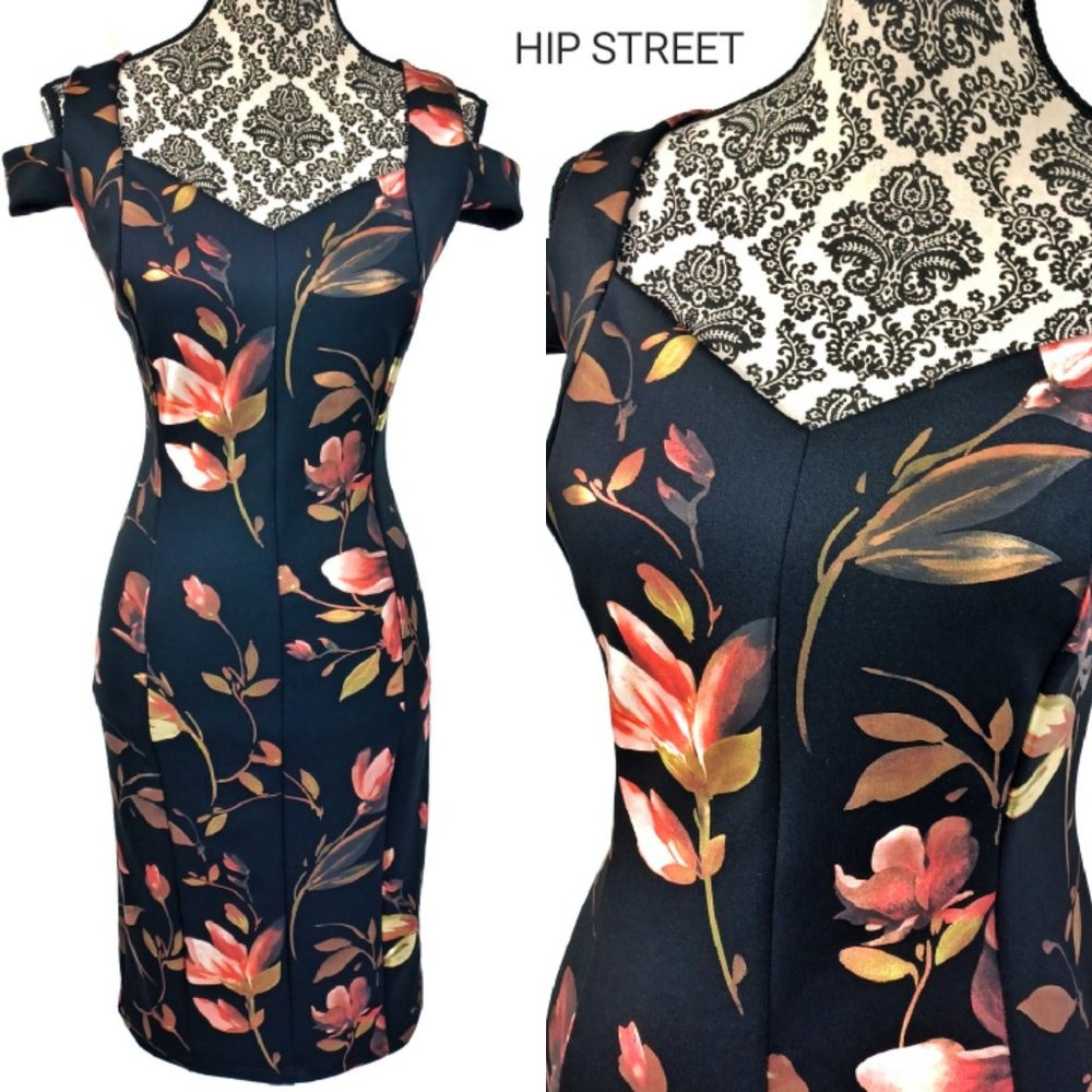 ENFOCUS STUDIO Arm Strap Sweetheart Neck Satin Floral Stretch Sheath Dress 10